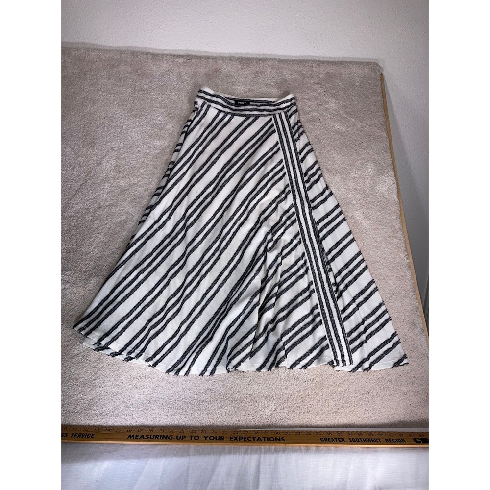 DKNY Womens Ivory Black Striped A-Line Midi Skirt Textured Knit P8KN8537 Size 2